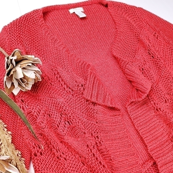 Chicos Red Coral Open Knit Cardigan Sz 1 (U.S. Med / 8) - Picture 3 of 14